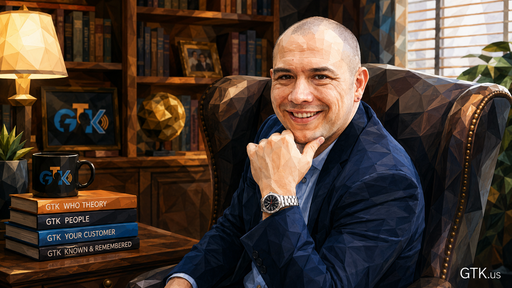 Charles J. de Guara seated in his study beside books representing the work of GTK.